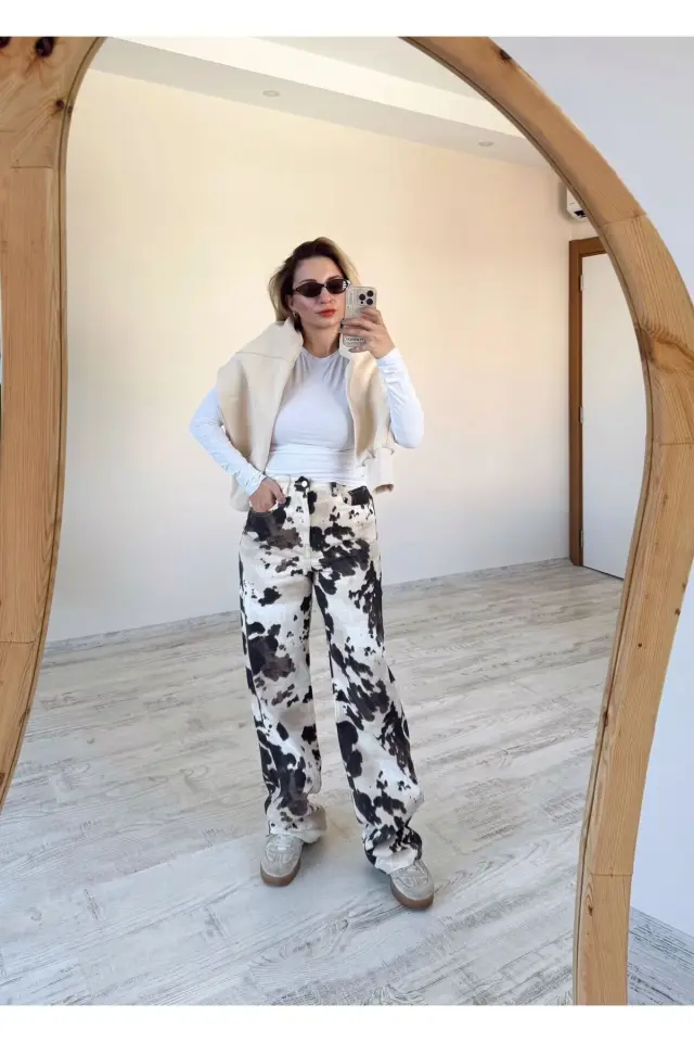 Benek Desenli Krem ve Kahverengi Yüksek Bel Jean