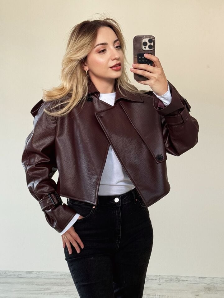 Kolları Kemerli Tek Düğmeli Bordo Deri Ceket