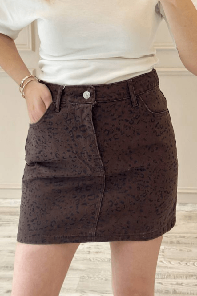 Leopar Desenli Denim Kumaş Mini Etek