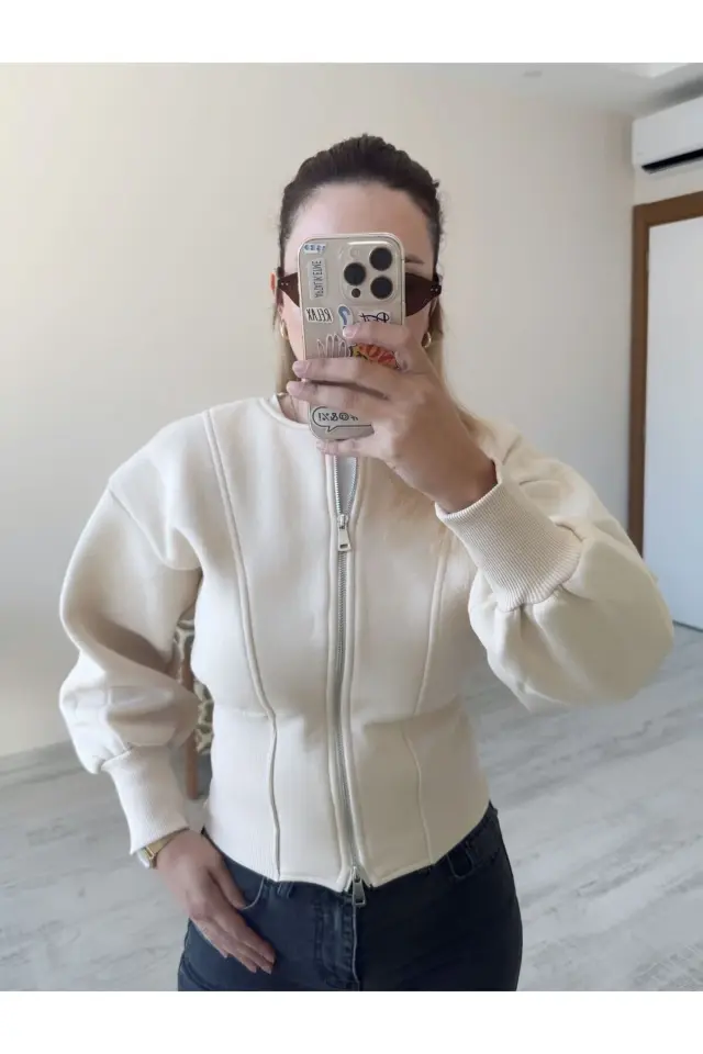 Kadın Ribana Detaylı Fermuarlı Üç İplik Hırka