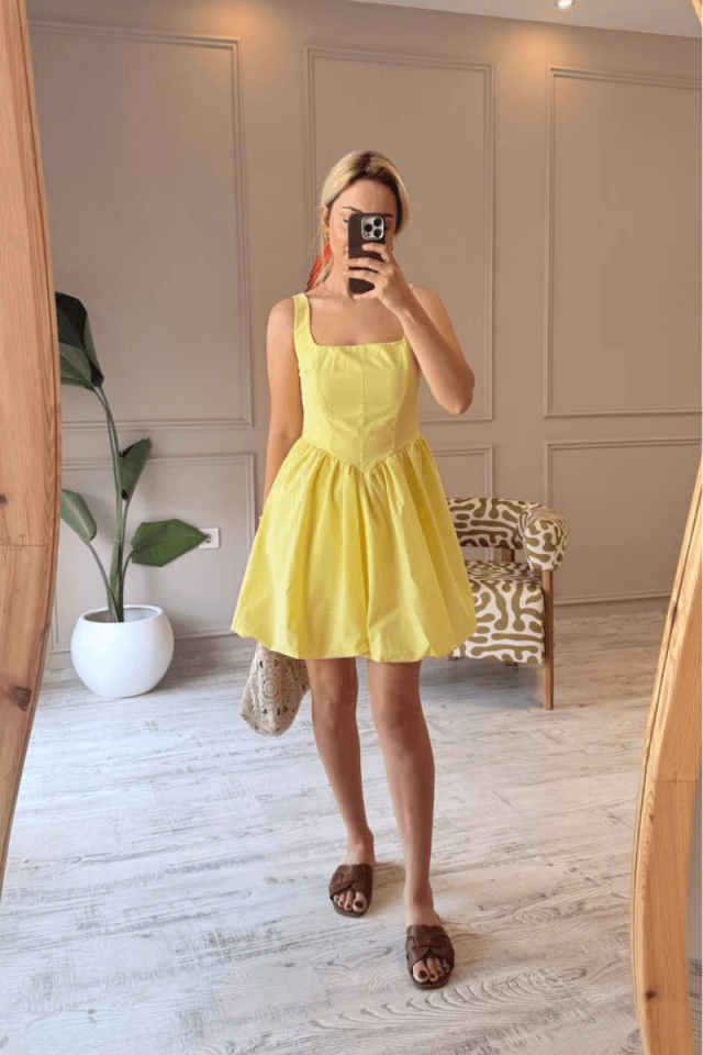 Balon Etekli Askılı Elbise / Sarı