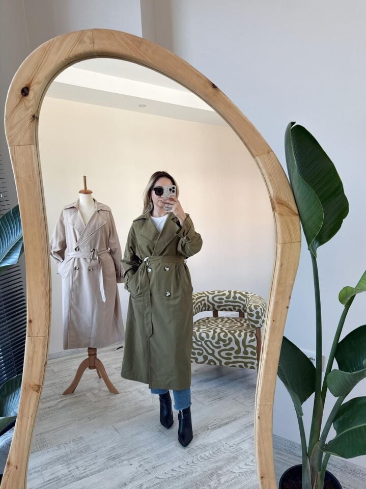 Kruvaze Yaka Kolları Kemerli Düğmeli Uzun Trençkot Haki