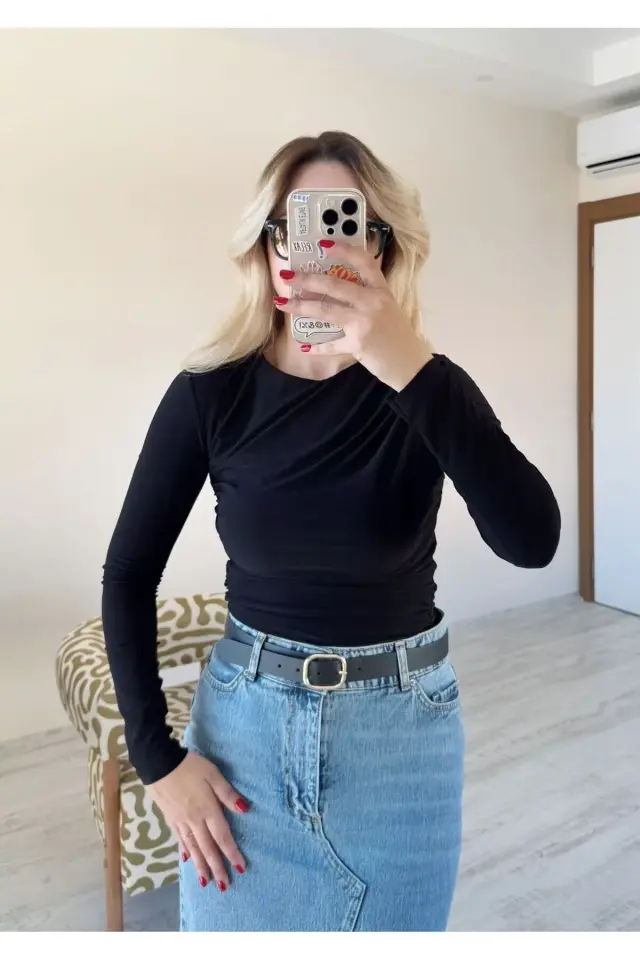 Tek Omuzda Dökümlü Detaylı Body Suit