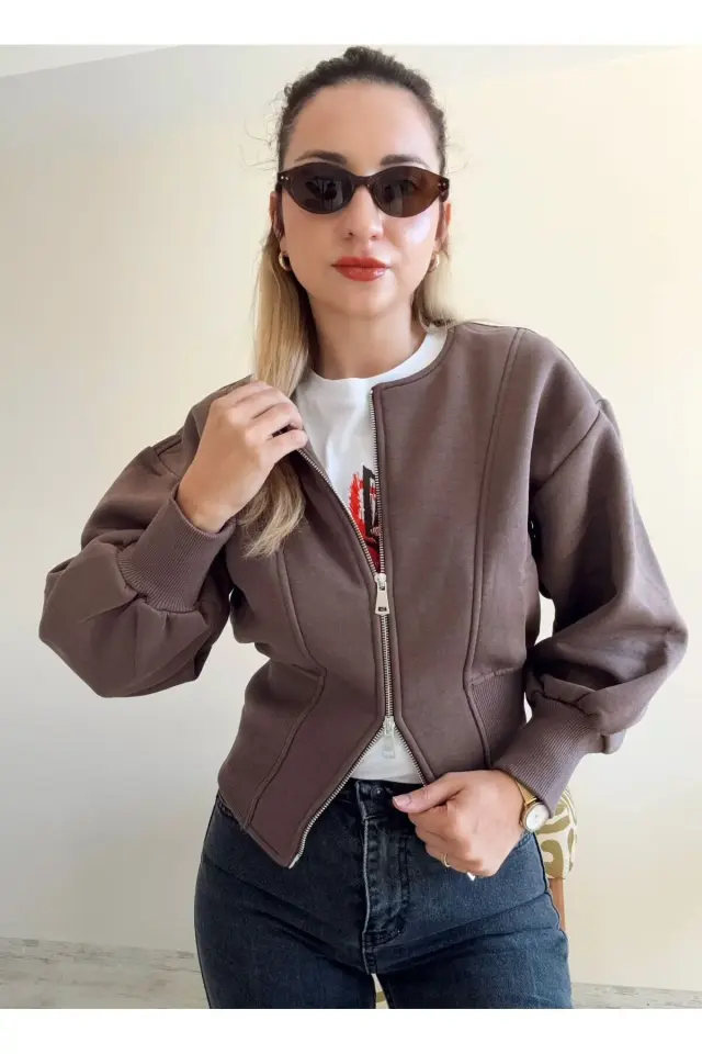 Kadın Ribana Detaylı Fermuarlı Üç İplik Hırka Kahverengi