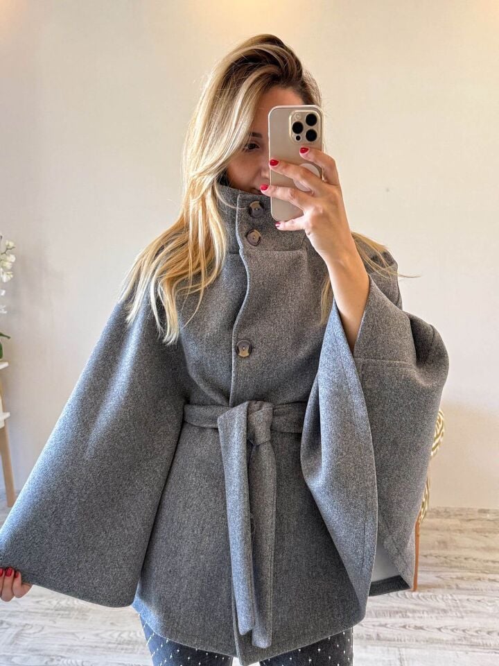 Kadın Kemerli Kaşe Panço Gri/Antrasit