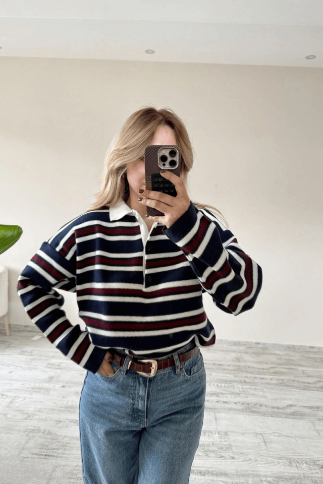 Polo Yaka Üç Düğme Çizgili Kazak Lacivert