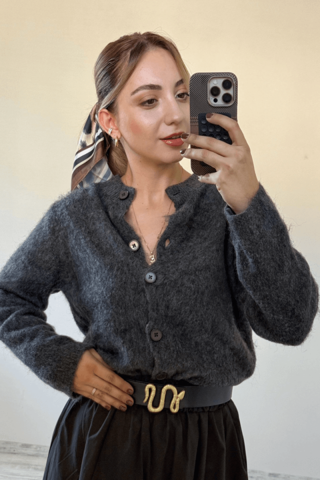 Yumoş Kumaş Düğmeli Hırka/Antrasit