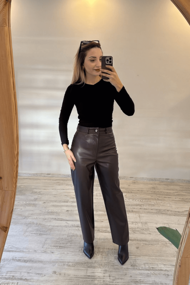 Termal Suni Deri Pantolon Kahverengi