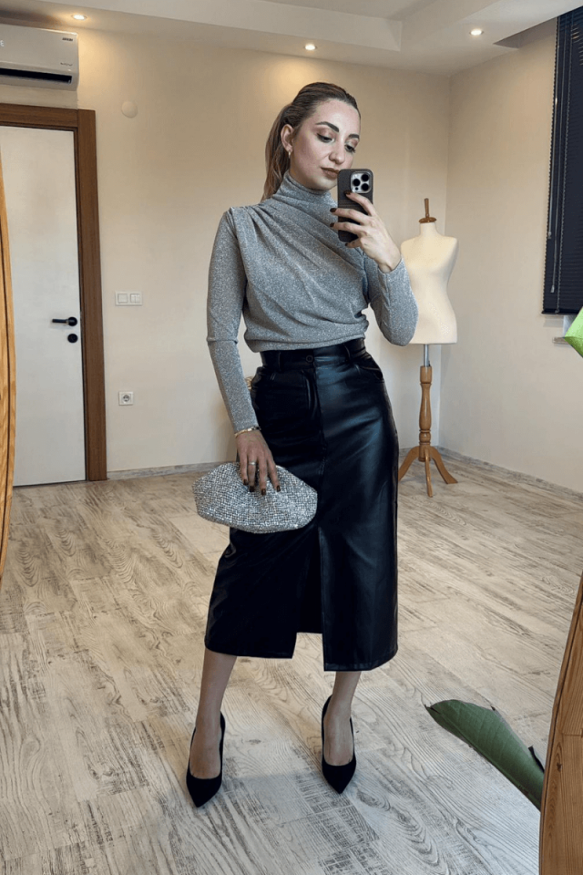 Suni Deri Önden Yırtmaçlı MidiBoy Etek