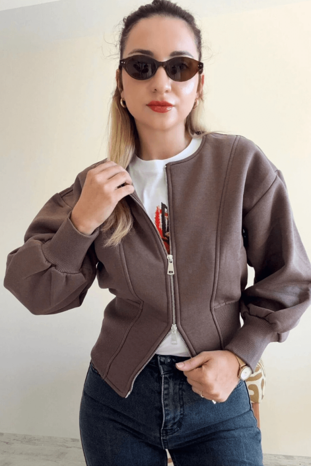 Kadın Ribana Detaylı Fermuarlı Üç İplik Hırka