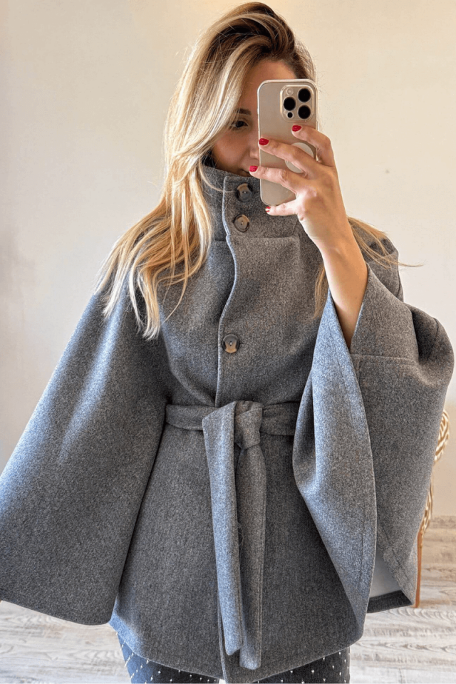 Kadın Kemerli Kaşe Panço Gri/Antrasit