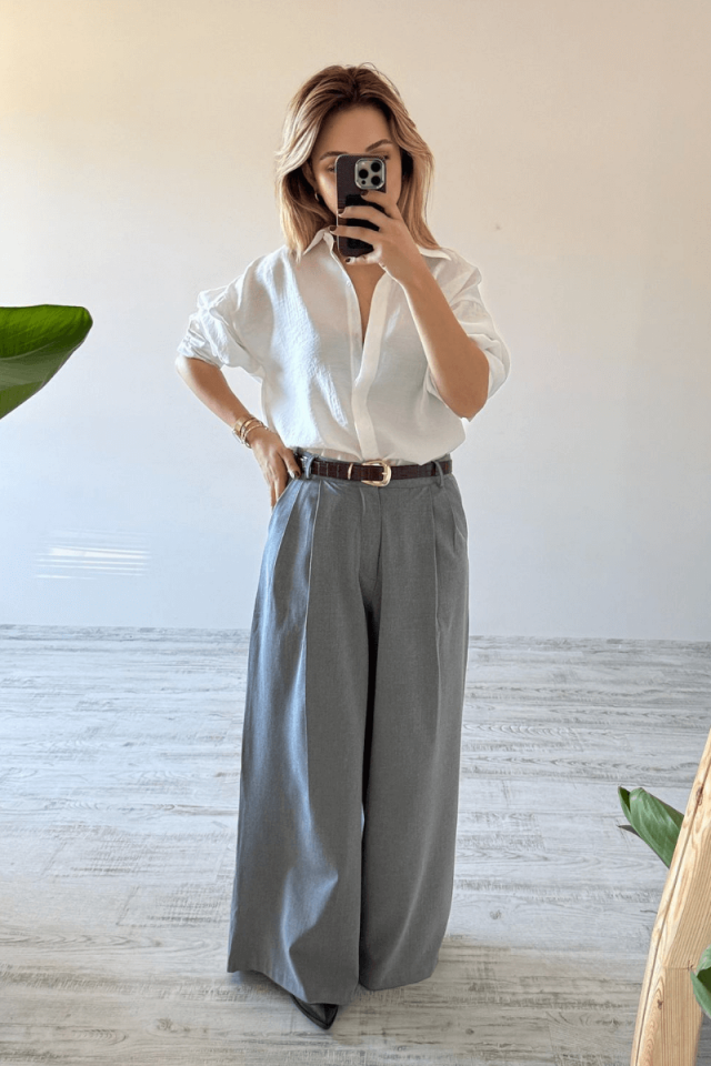 Çift Pileli Geniş Paça Palazzo Kumaş Pantolon