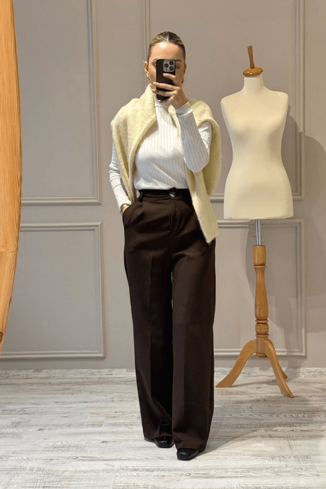 Beli Lastikli Kumaş Pantolon/Kahve