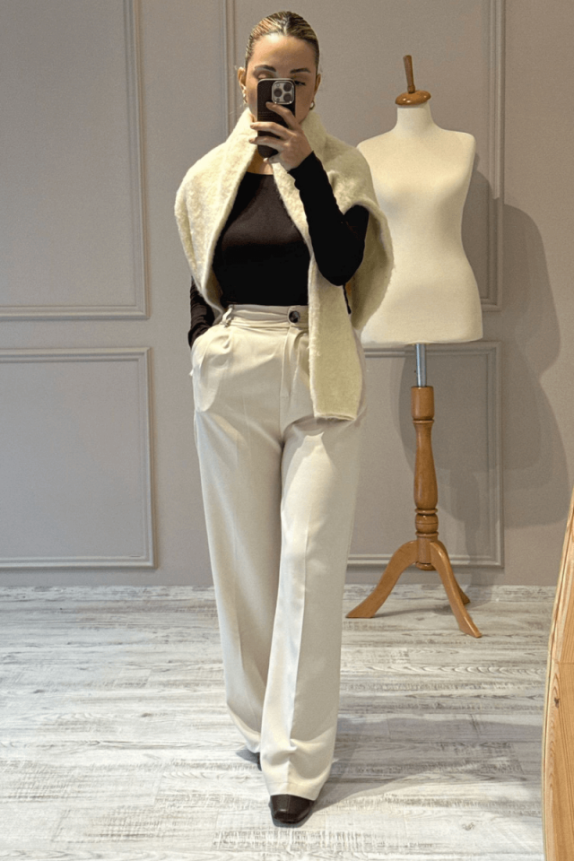 Beli Lastikli Kumaş Pantolon/Krem