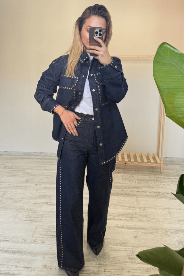 Lacivert Zımba Detaylı Cepli Denim Alt-Üst Takım