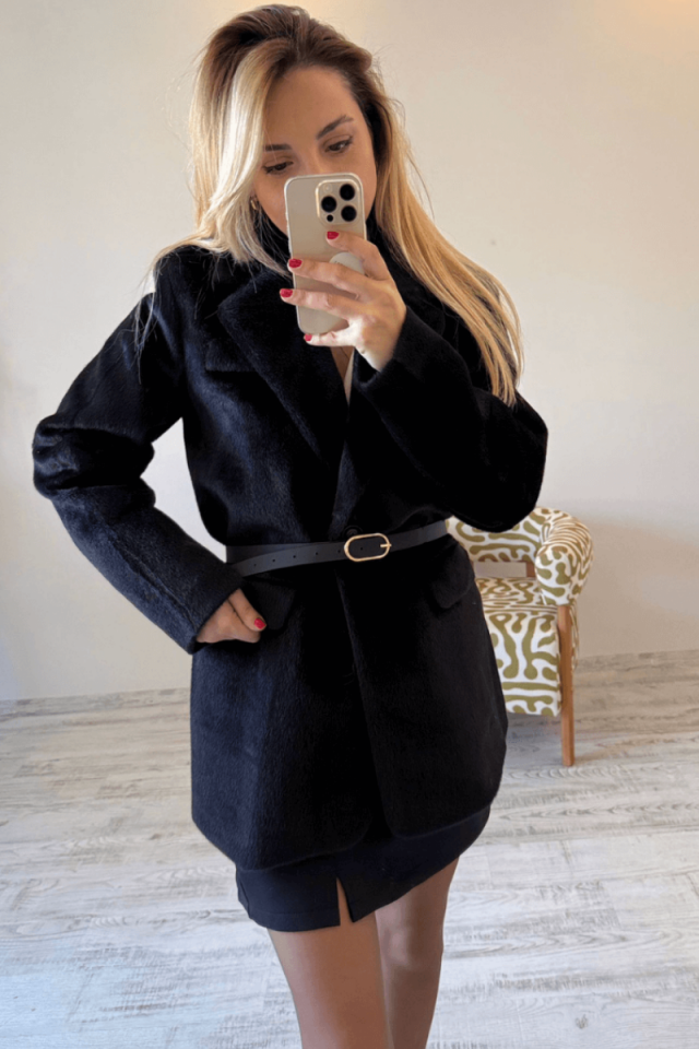 Siyah Kırçıllı Kemerli Blazer Ceket
