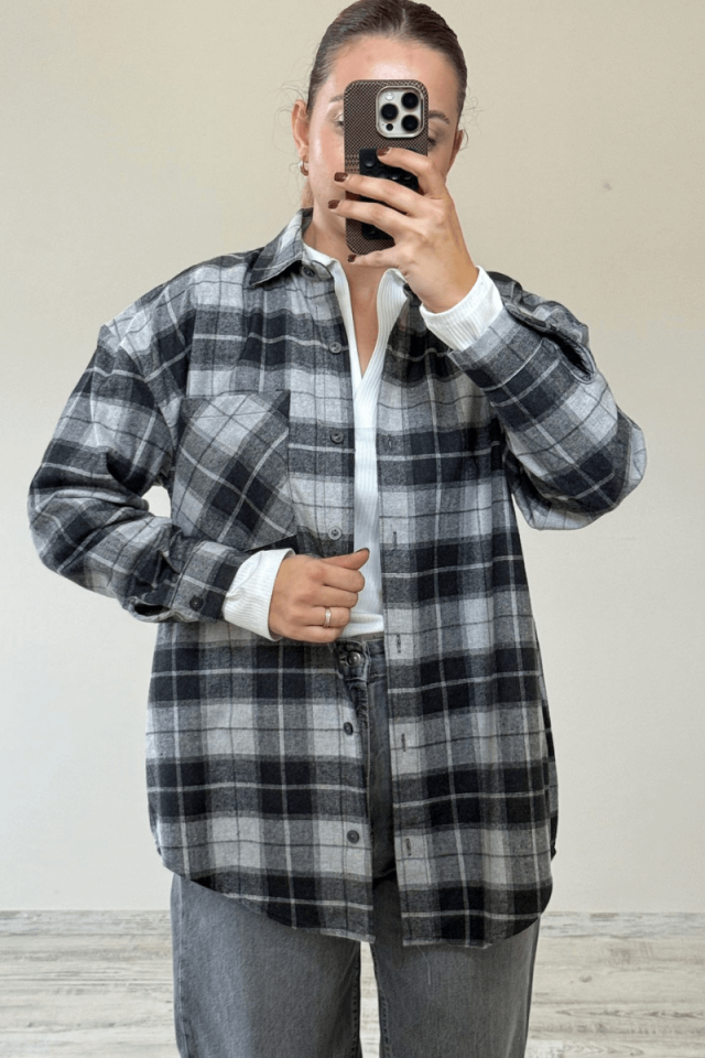 Gri Ekose Oversize Cepli Gömlek