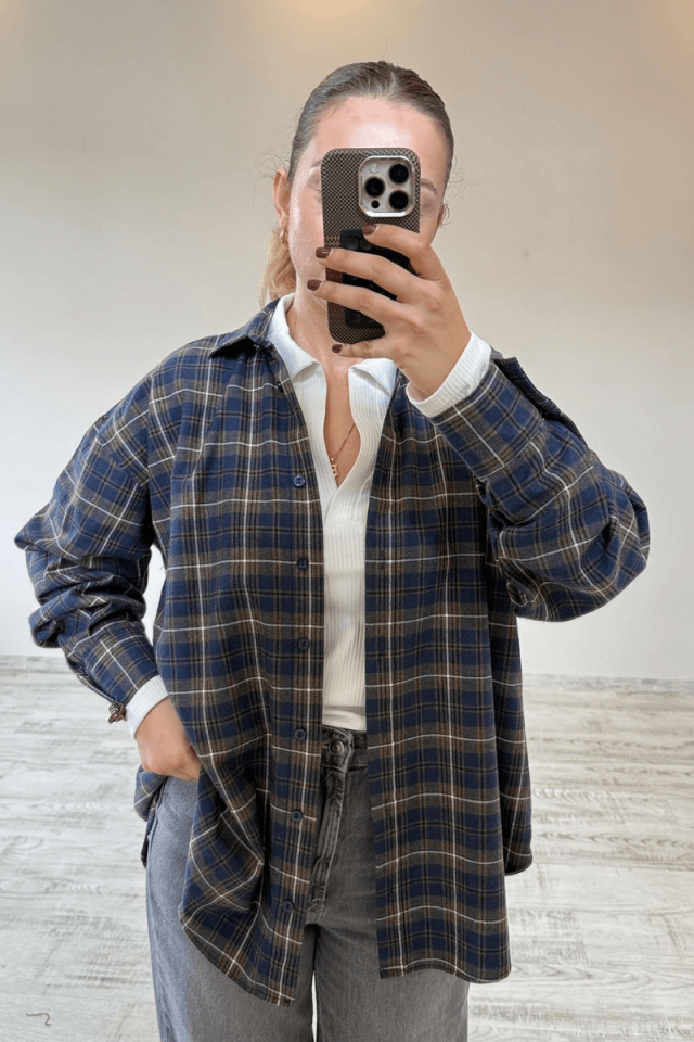 Lacivert Ekose/Kareli Oversize Gömlek