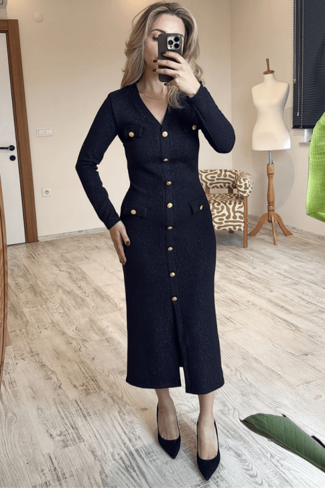 Siyah Simli Triko Kumaş Gold Düğmeli Ceket Elbise