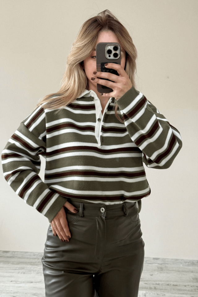 Haki Polo Yaka 3 Düğmeli Çizgili Kazak / Yeşil