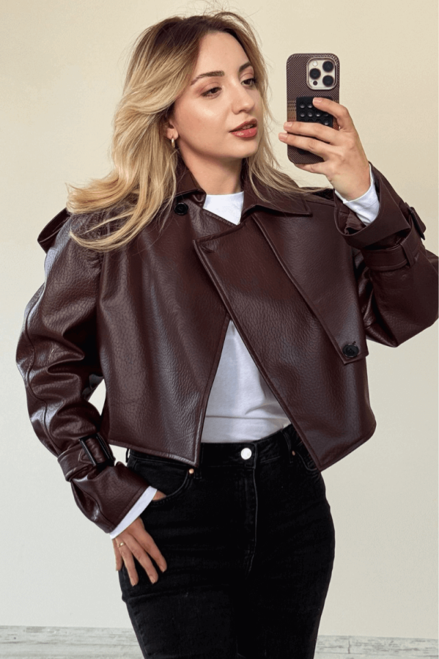 Kolları Kemerli Tek Düğmeli Bordo Deri Ceket