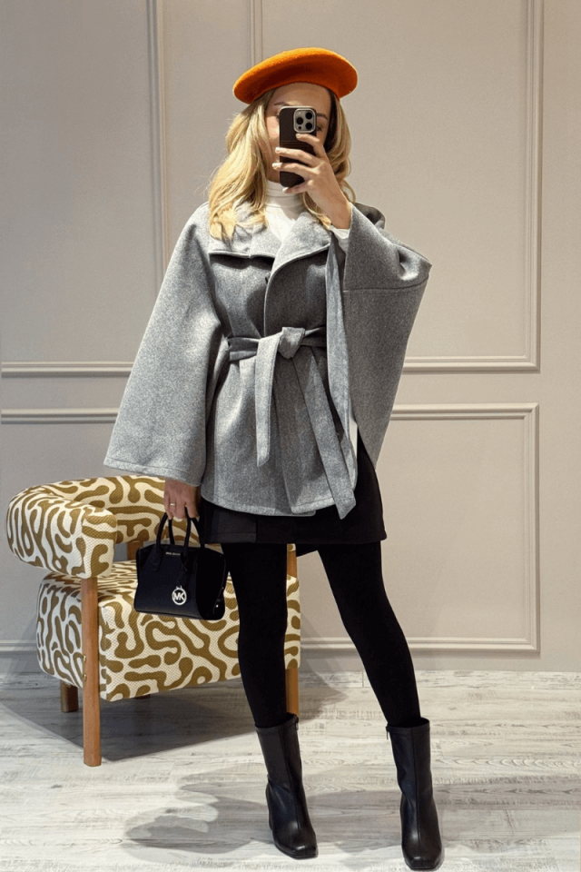 Gri Belden Kuşaklı Panço