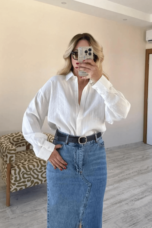 Beyaz modal kadın taş rengi gömlek