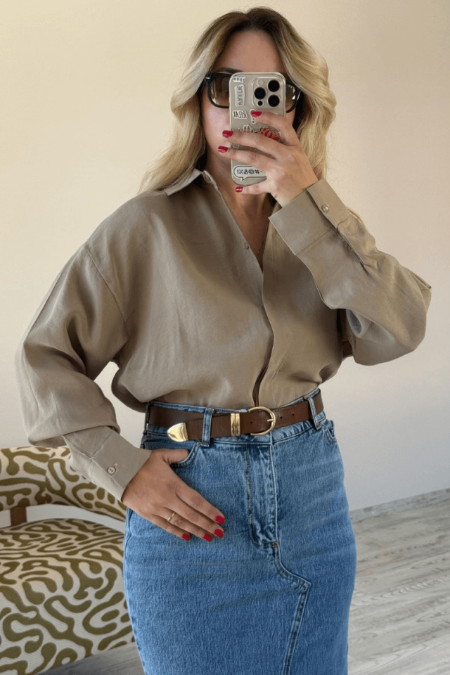 Yeşil modal kadın taş rengi gömlek