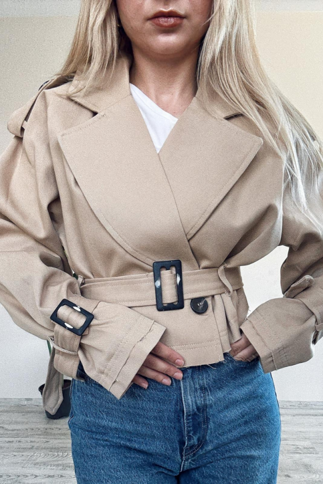 Bej Kemerli Kısa Trençkot