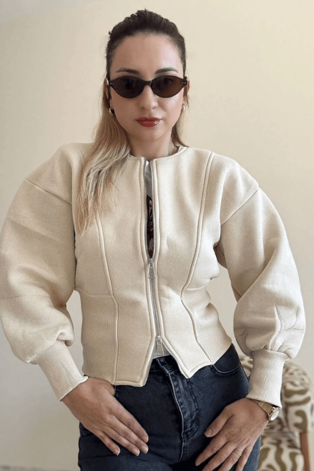 Bej Kadın Ribana Detaylı Fermuarlı Üç İplik Hırka