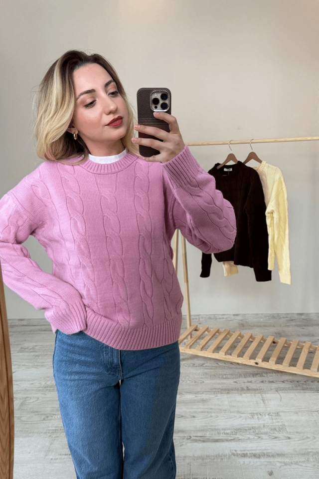 Pembe Saç Örgü Detaylı Bisiklet Yaka Kazak