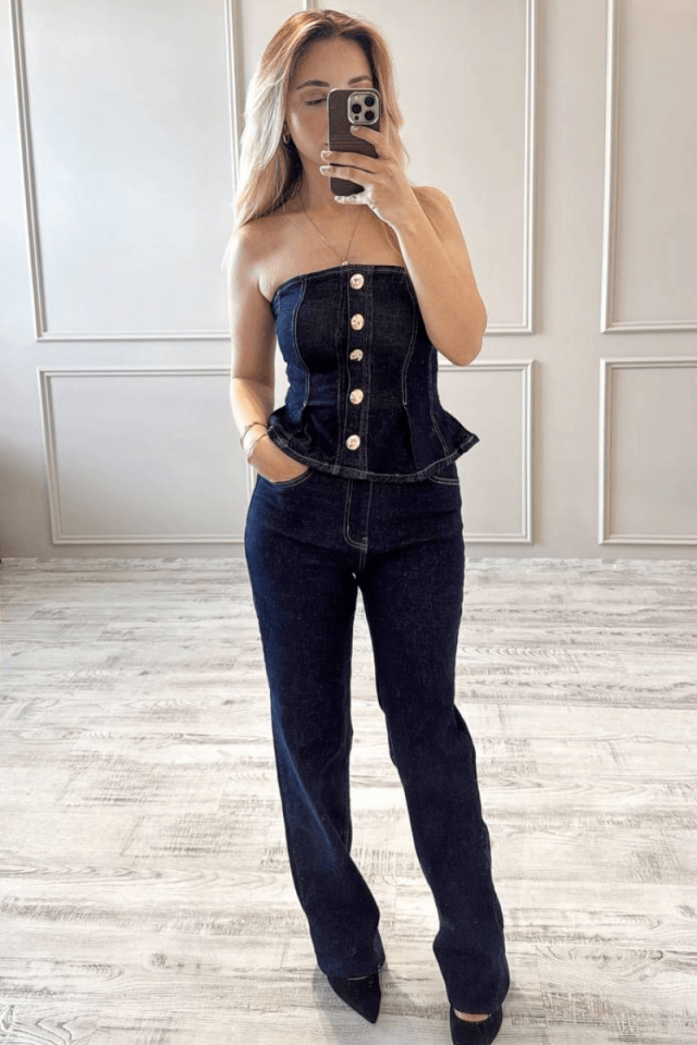 Gold Düğme Detaylı Denim Alt-Üst Takım