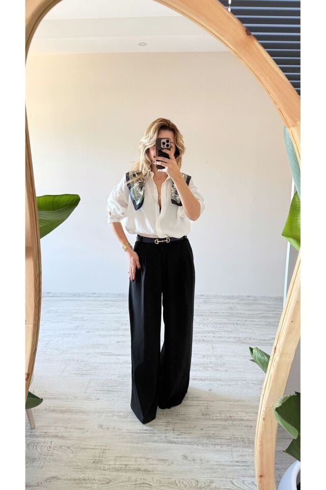 Siyah Çift Pileli Geniş Paça Palazzo Kumaş Pantolon