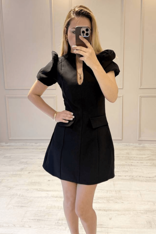 Balon Kol Damla Yaka Mini Elbise/Siyah