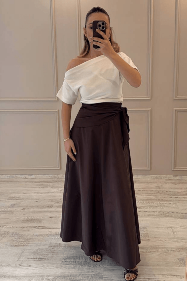 Kahve/ Maxi Boy Fularlı Etek