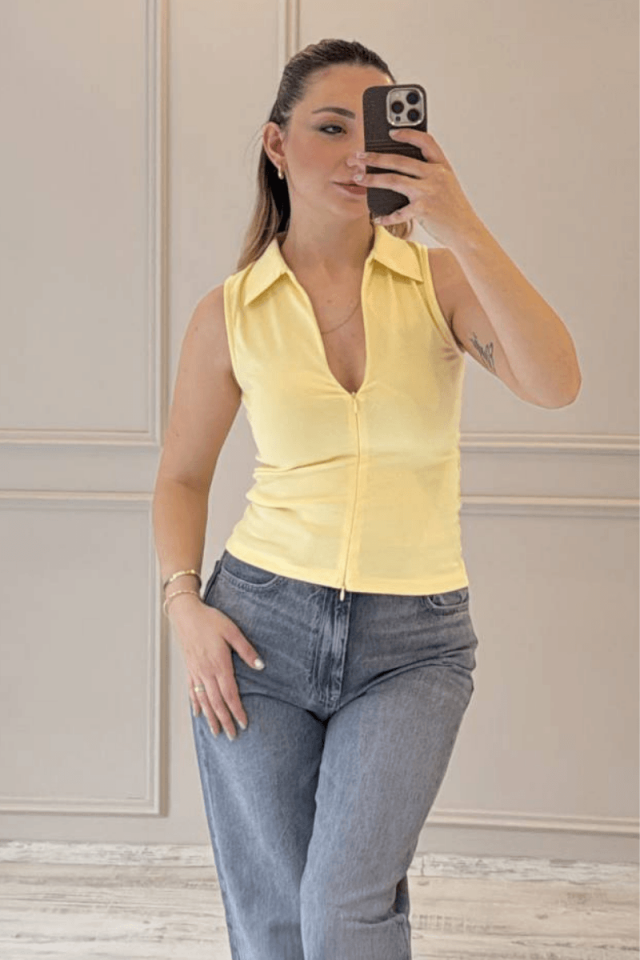 Polo Yaka Kolsuz Bluz / Sarı